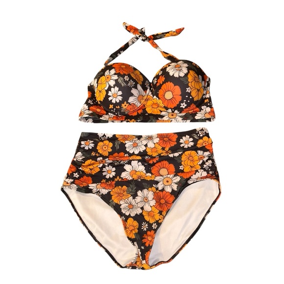 Retro Floral Push Up Halter High Waist Bikini Set - Picture 1 of 8